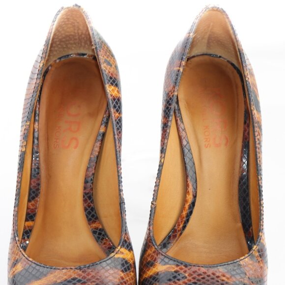 Michael Kors Womens Pumps Size 7 M Brown Tan Python Platform Heel Peep Toe Shoes - Picture 9 of 13